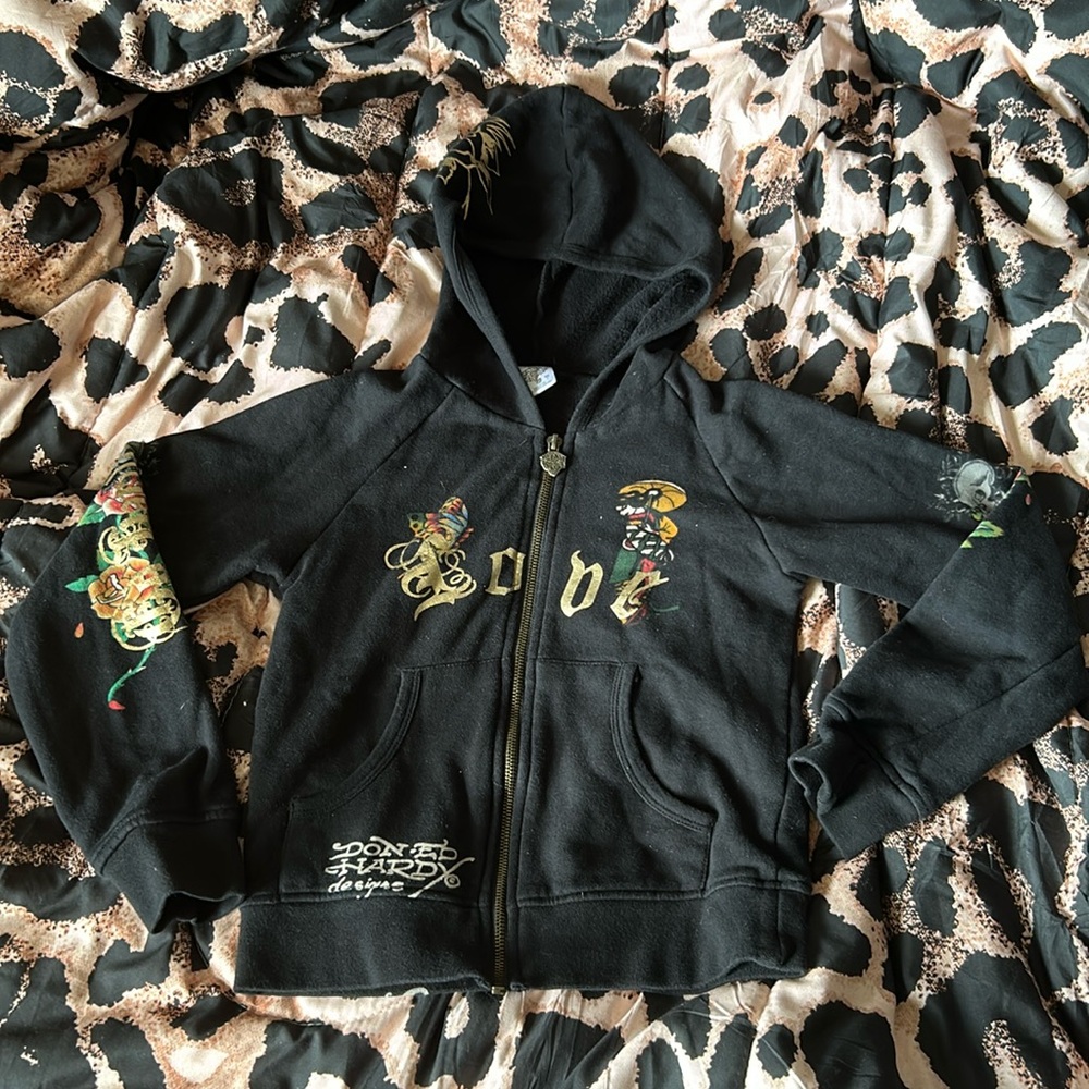(SOLD) Ed Hardy Long Sleeve Hoodie Kids S Black Multi Y2K Full Zip Butterfly